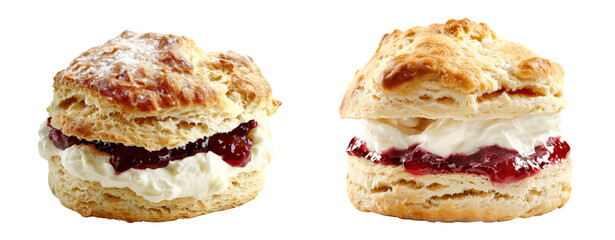 Traditional Scones with Clotted Cream and Jam. Classic scones with clotted cream and jam, isolated on a transparent background. Perfect for afternoon tea and British culinary visuals. PNG File,
