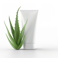 Aloe vera skincare tube, cosmetic element, realistic 3D render, sleek green, isolated on white background