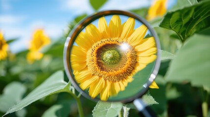 A close-up view of a sunflower through a magnifying glass, highlighting its vibrant yellow petals and intricate center.