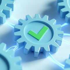 A close-up view of blue gears with a green checkmark, symbolizing efficiency, teamwork, and successful progress in automation.