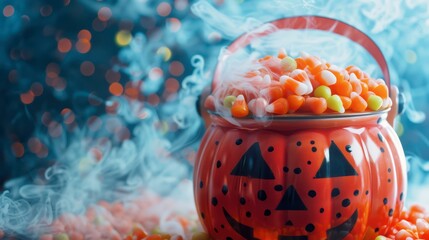 Colorful Halloween treat-filled cauldron surrounded by swirling smoke