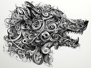 Fototapeta premium Wolfs Fury Monochrome Swirls in Side Profile Against White Background Intricate Detail Tribal