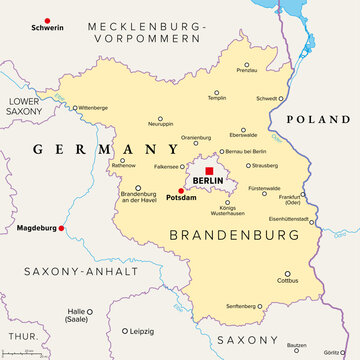 Brandenburg, a state in northeastern Germany, political map with capital and largest city Potsdam, borders, and largest cities. Brandenburg surrounds the national capital and city-state of Berlin.