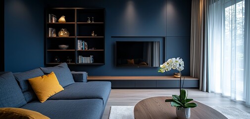 Modern Living Room Blue Walls Wooden Accents Orchid Blooms