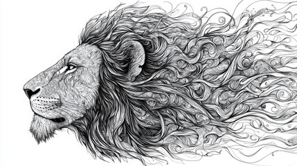 Obraz premium Whimsical Lion Profile Intricate Black White Line Art Side View Swirling Abstract Mane Tribal