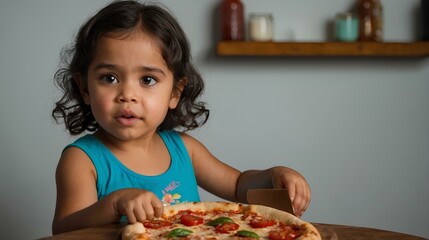 Aquí tienes una descripción más ajustada:

"Una niña pequeña sentada, sonríe mientras sostiene una porción de pizza, lista para darle una mordida. La imagen es sencilla.