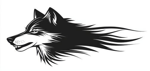 Fototapeta premium Wolfs Fury Black and White Illustration with Detailed Fur and Flames Emerging from its Head Tribal