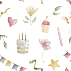 Holiday seamless pattern with cake, flowers, candle and flags. Watercolor pattern on white background