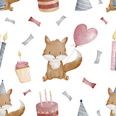 Holiday seamless pattern with fox, cupcake and confetti. Watercolor pattern on white background