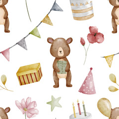 Kid's birthday seamless pattern. Watercolor pattern with bear, cake, flower and colourful flags.