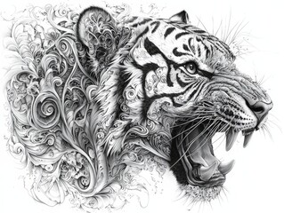 Tigers Fury A Monochromatic Portrait of a Ferocious Roar Surrounded by Intricate Ornamental Detail Tribal