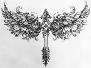 Ornate Cross with Feathered Wings Black Ink Drawing of a Detailed Religious Symbol Tribal
