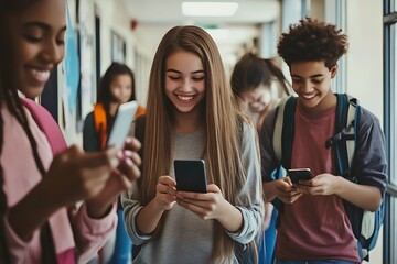 Teenagers Using Smartphones in School Hallway