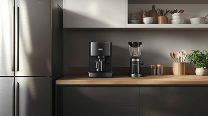 Modern Kitchen Countertop Coffee Maker Blender Wood Stainless Steel Minimalist Design Clean Lines Warm Cool Tones