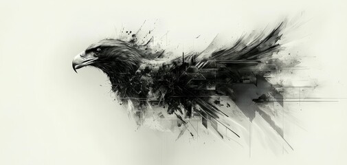 Obraz premium Abstract Eagle A Black and White Watercolor Depiction of a Powerful Bird Emerging from Geometric Shapes Tribal