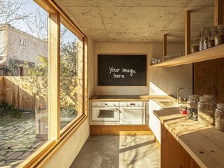 Obraz premium Sunlight Streams Through Window in Minimalist Kitchen Rustic Wood Countertops Jars Chalkboard with Your Image Here 149 characters