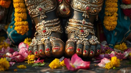 Fototapeta premium Ornate Feet of Deity with Flower Offerings