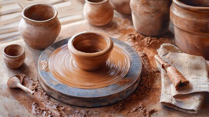 A pottery wheel with clay spinning, surrounded by unfinished clay pots, tools, and a cloth.
