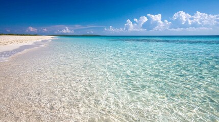 A pristine white sand beach with crystal clear turquoise water and a blue sky with fluffy clouds.