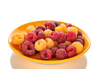 Fresh raspberries on ceramic saucer, macro, isolated on white background.