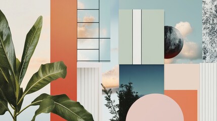 This moodboard features a blend of shapes, colors, and natural elements, creating an inspiring creative workspace