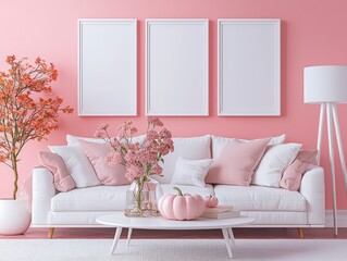 Pink Pumpkin Cozy Living Room Three Frames White Couch and a Pink Tree