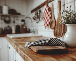 Black and White Checkered Dish Towel on Wooden Cutting Board in Cozy Kitchen Warm Tones and Rustic Charm