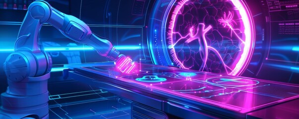 A robotic arm reaches toward a glowing, circular portal.