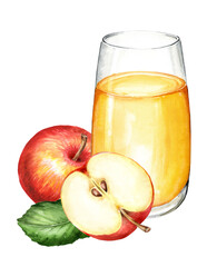 Glass of apple juice and red apples. Hand drawn watercolor illustration isolated on white background