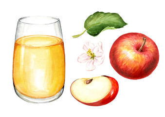 Glass of apple juice and red apples set. Hand drawn watercolor illustration isolated on white background