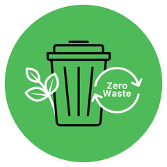 Vector icon for Zero Waste. Displays a waste bin with recycling arrows and plant leaves, promoting zero waste practices, green circular background.