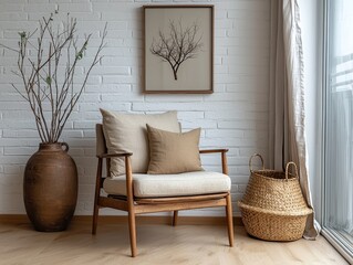 Cozy Corner Wooden chair with natural accents against a white brick wall and window with sheer curtains