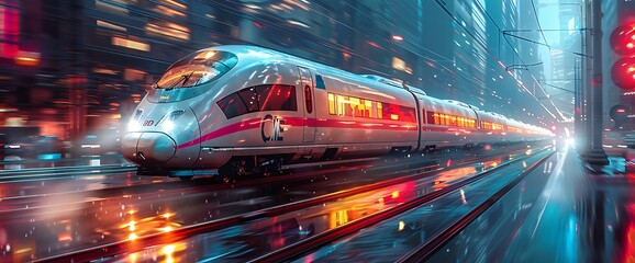 A high-speed train speeds through a neon-lit city at night, reflecting in the wet pavement.