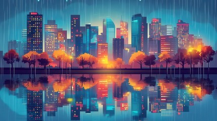 Obraz premium Abstract cityscape with blurred reflections flat design top view, rainy day theme, animation, vivid