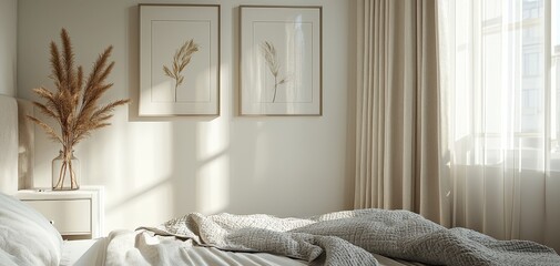 Minimalist Bedroom with Pampas Grass and Sunlight Streaming Through Sheer Curtains