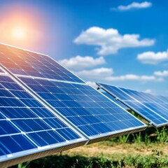 A row of solar panels under a bright blue sky with white clouds.  Sunlight shines on the panels.