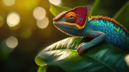 Fototapeta premium A vibrant chameleon resting on a green leaf, showcasing its colorful skin and natural habitat.