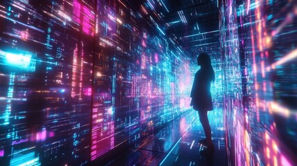 A silhouette of a person standing in a vibrant digital environment filled with colorful lights and abstract patterns.