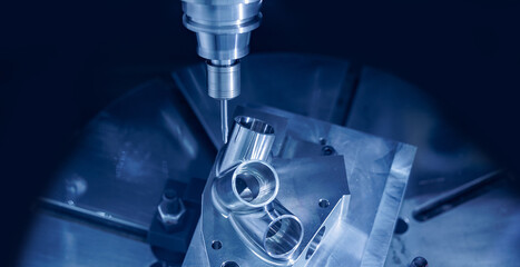 Banner industry CNC, cutting process milling machine working injection mold part by mill tool, blue...