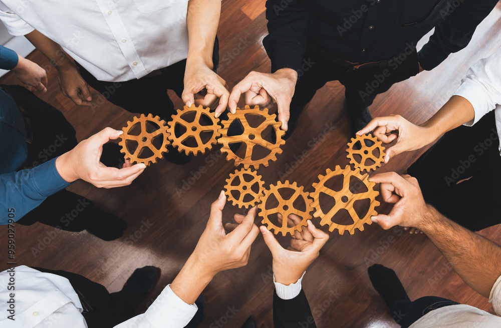 Poster business team joining cogwheel in circular together symbolize successful group of business partnersh