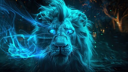 A lion's head with an ethereal blue glow emanating from its mane, creating a mystical aura in a...