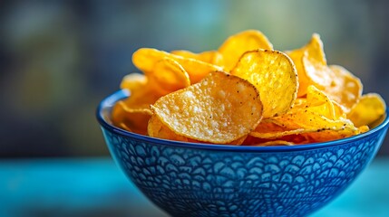 Crispy Potato Chips Delight in Blue Bowl - Colorful Food Photography with Bokeh Background