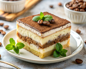 delicious chocolate cake with a layer of delicate cheese cream and coffee filling in a white ceramic plate on a gray background close-up