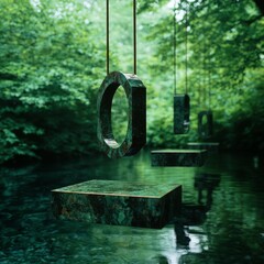 Fototapeta premium A serene forest scene with a swing hanging over a tranquil pond.