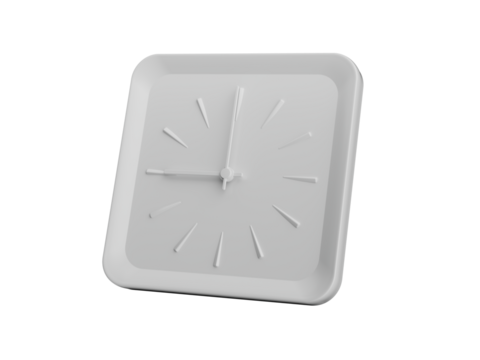 3d Simple White Square Wall Clock, 9 O' Clock Nine O' Clock On Grey Background, 3d illustration
