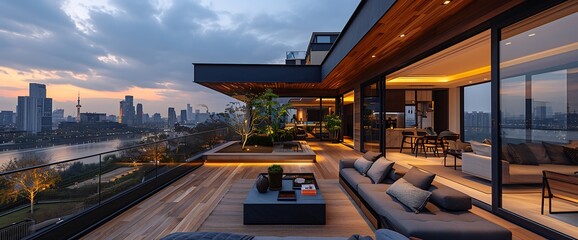 Fototapeta premium Modern rooftop patio with city skyline views and comfortable seating.