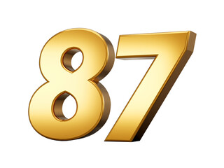 3d Shiny Gold Number 87, Eighty Seven 3d Gold Number Isolated On White Background, 3d illustration
