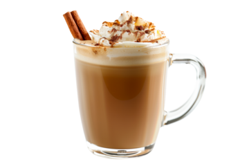 Cup of rich creamy coffee or chai latte crowned with fluffy whipped cream and a sprinkle of cinnamon isolated on white background with clipping path. The warm beverage for cozy afternoon, radiating co