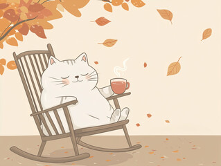 Cute chubby  cat, lying on the rocking chair, drinking hot tea in autumn 