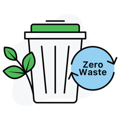 Vector icon for Zero Waste. Shows a recycling bin with green leaves and a blue circular symbol with arrows around it, promoting zero waste practices with a clean, minimalist design.